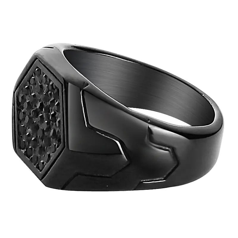 Black Crystals Hexagonal Signet Steel Ring