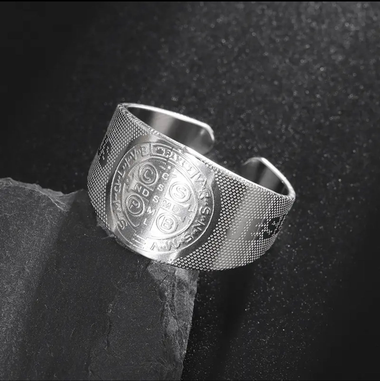 St. Benedict Open Cuff Steel Ring