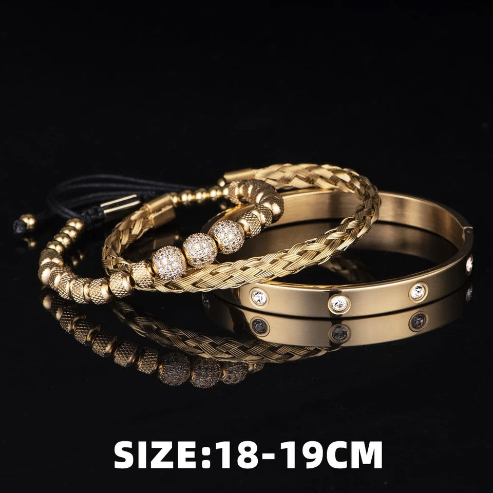 3pc Set Micro Pave CZ Round Beads Bracelets