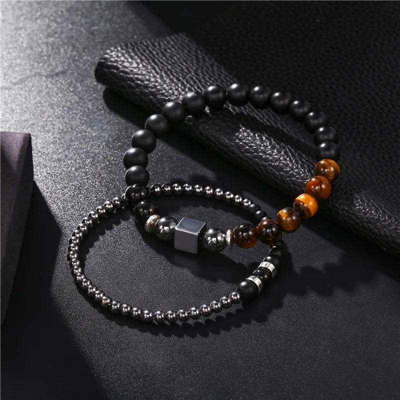 2Pcs/set 8mm Black Agate Natural Stones Cube Beaded Bracelet