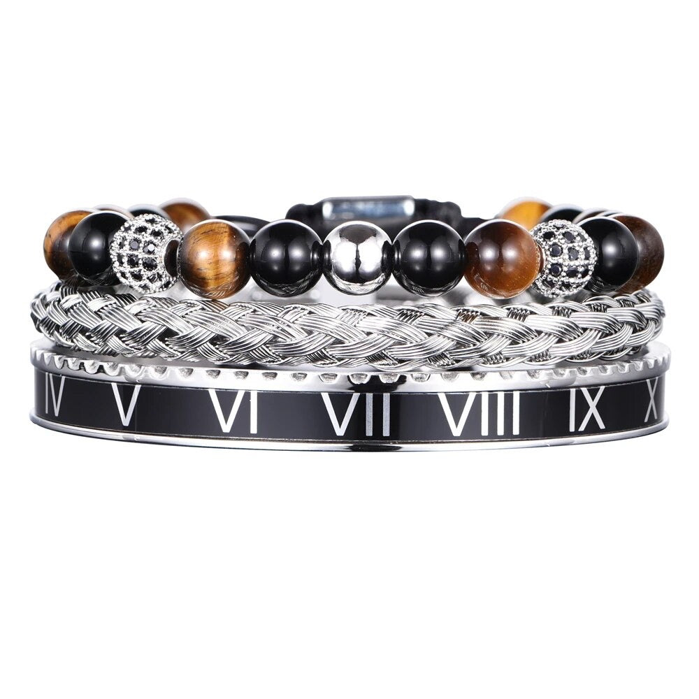 3pc Luxury Set Roman Numeral Natural Stone Charm Beads Bracelet