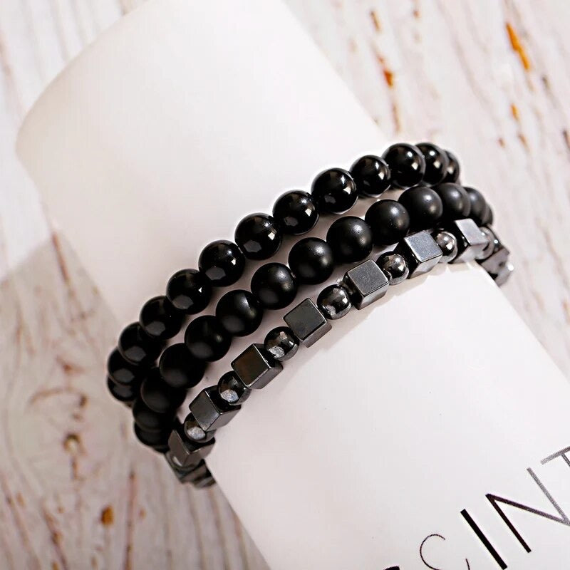 3pc Set Cube Beads Natural Stone Bracelets