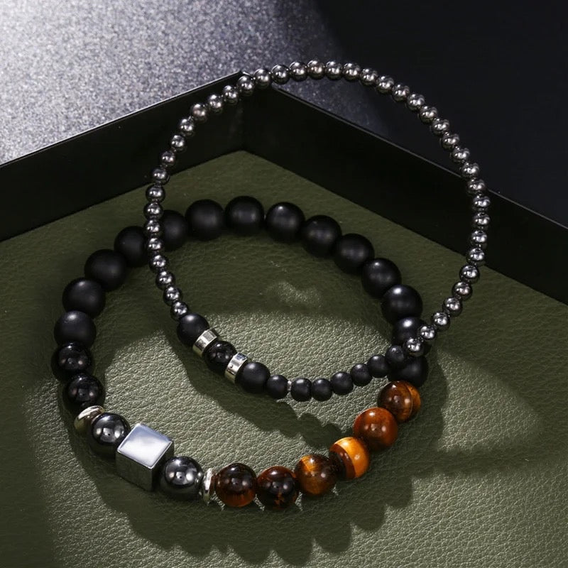 2Pcs/set 8mm Black Agate Natural Stones Cube Beaded Bracelet