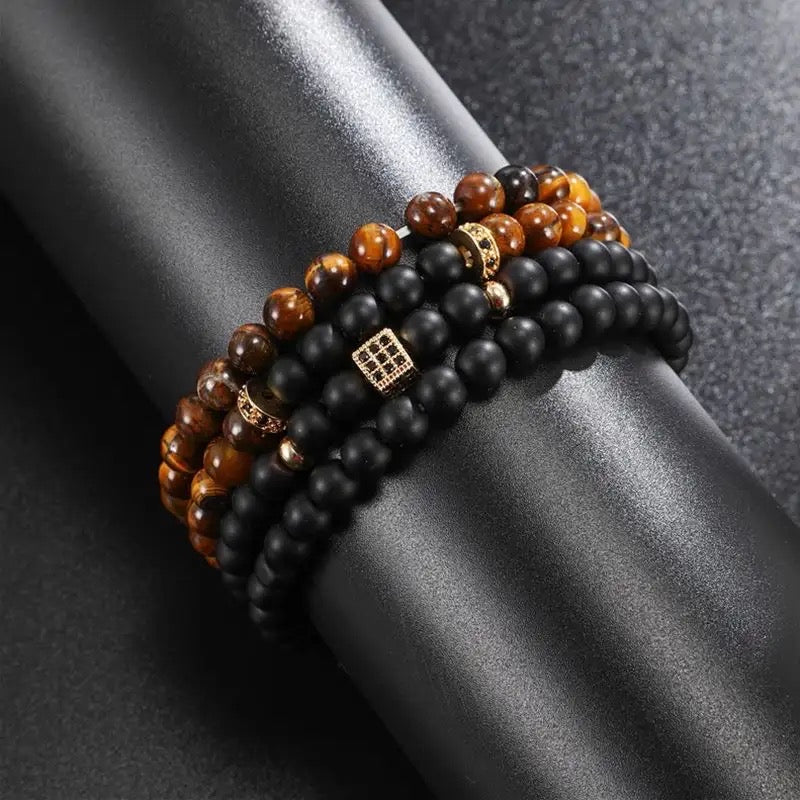 4Pcs/set Fashion Tigereye CZ Natural Stones Beads Bracelet