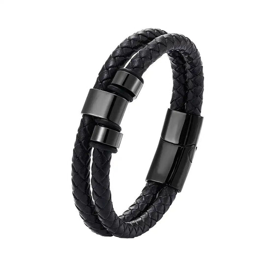 Simple Dual-Strap Leather and Steel Bracelet