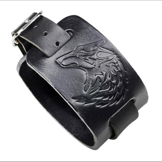 Wolf Design Wide Leather Bracelet