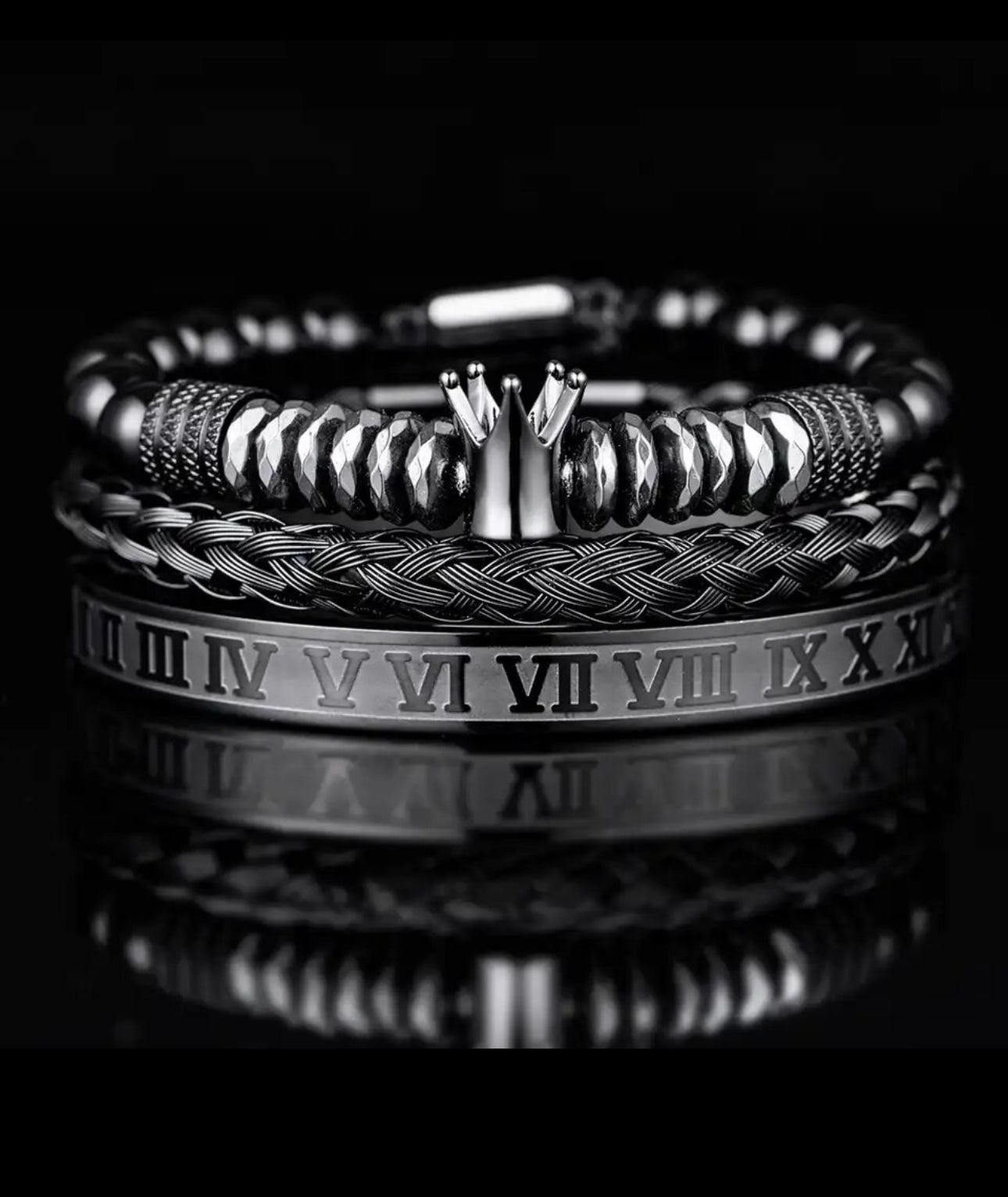 3pc Set Polised Crown Roman Numerals Bracelets