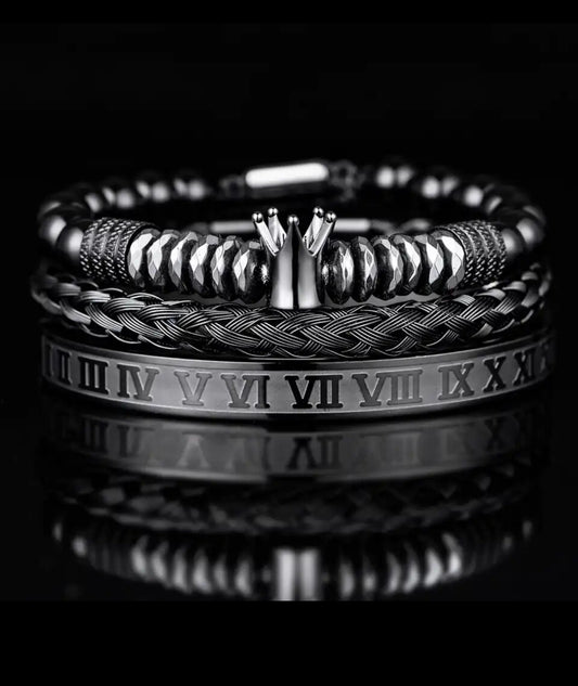 3pc Set Polised Crown Roman Numerals Bracelets