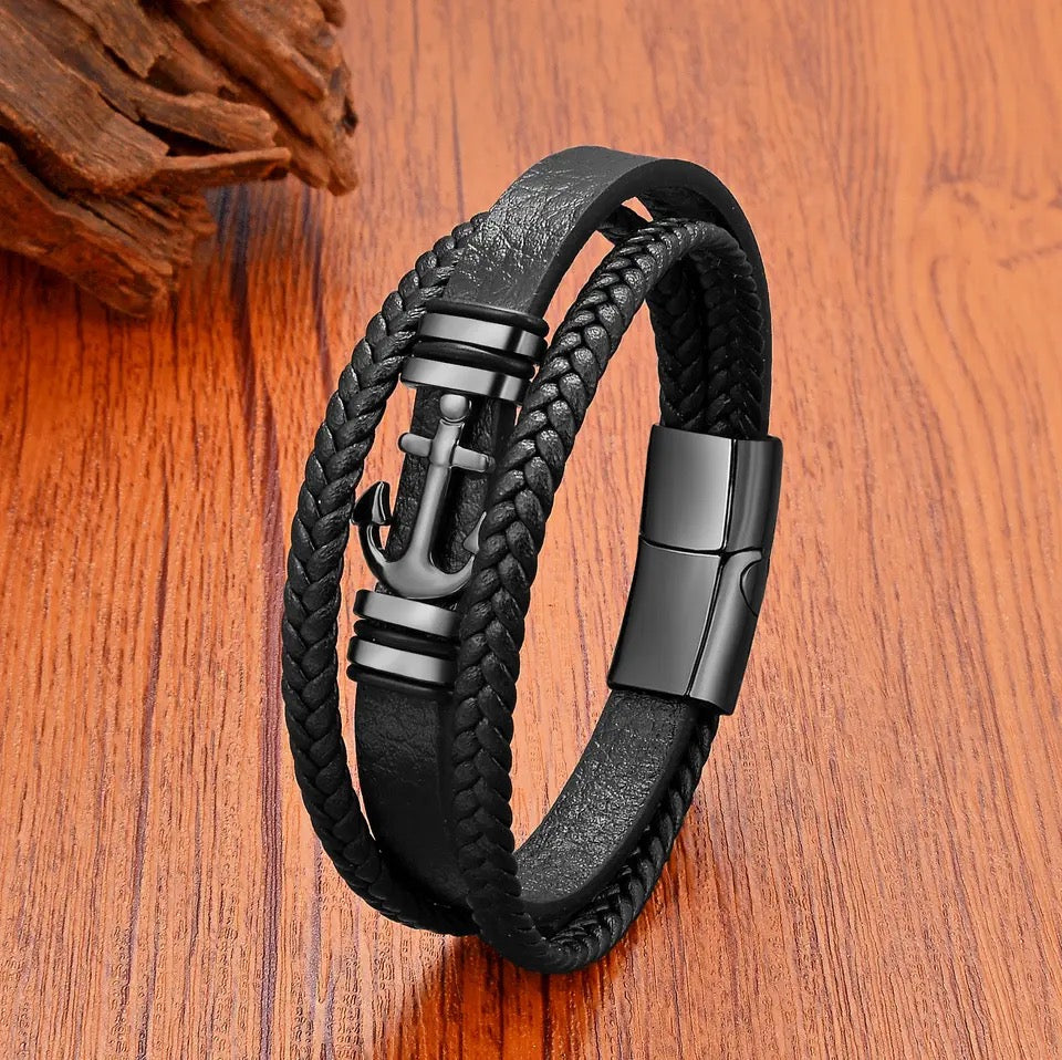 Anchor Braided Multi-strap Leather Bracelet