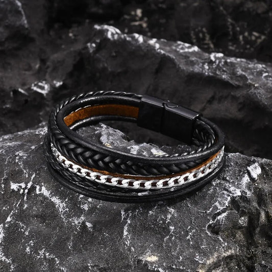 Chain Braided Multi-strap Leather Bracelet