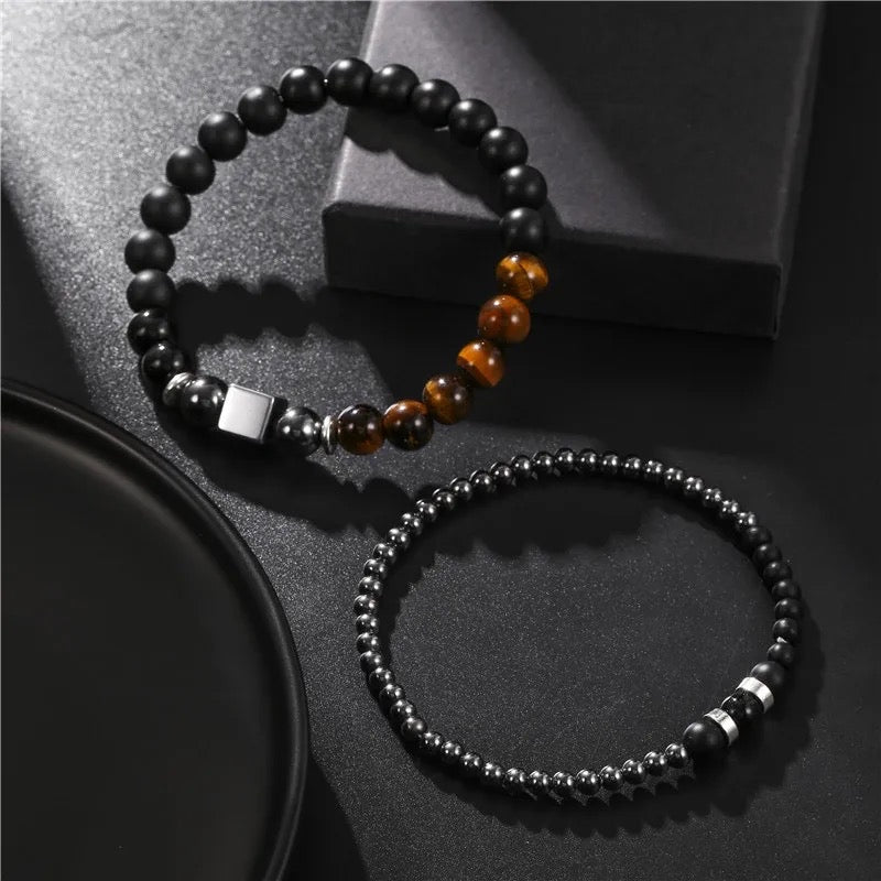 2Pcs/set 8mm Black Agate Natural Stones Cube Beaded Bracelet