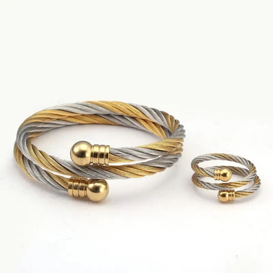 Silver and Gold Color Twisted Cable Bracelet and Ring Set