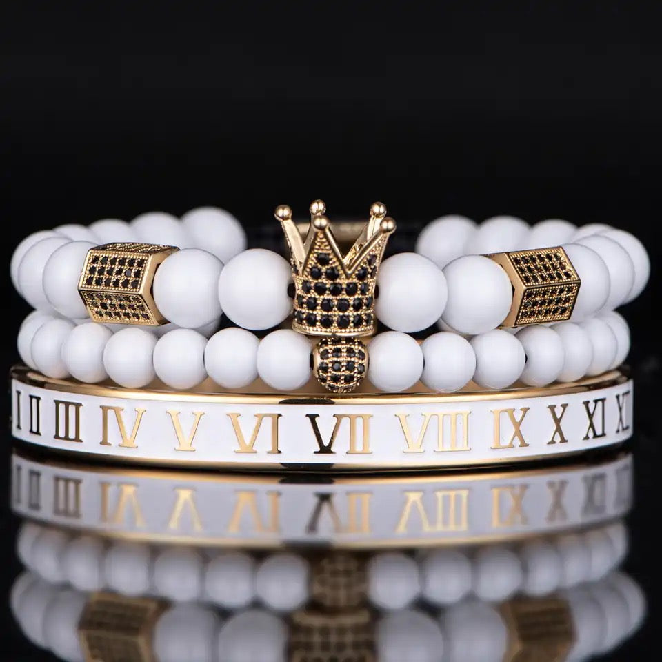 3pc Set Luxury Handmade White Enamel CZ Crown Bracelets