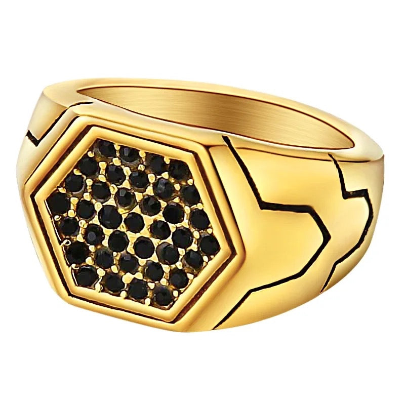 Black Crystals Hexagonal Signet Steel Ring