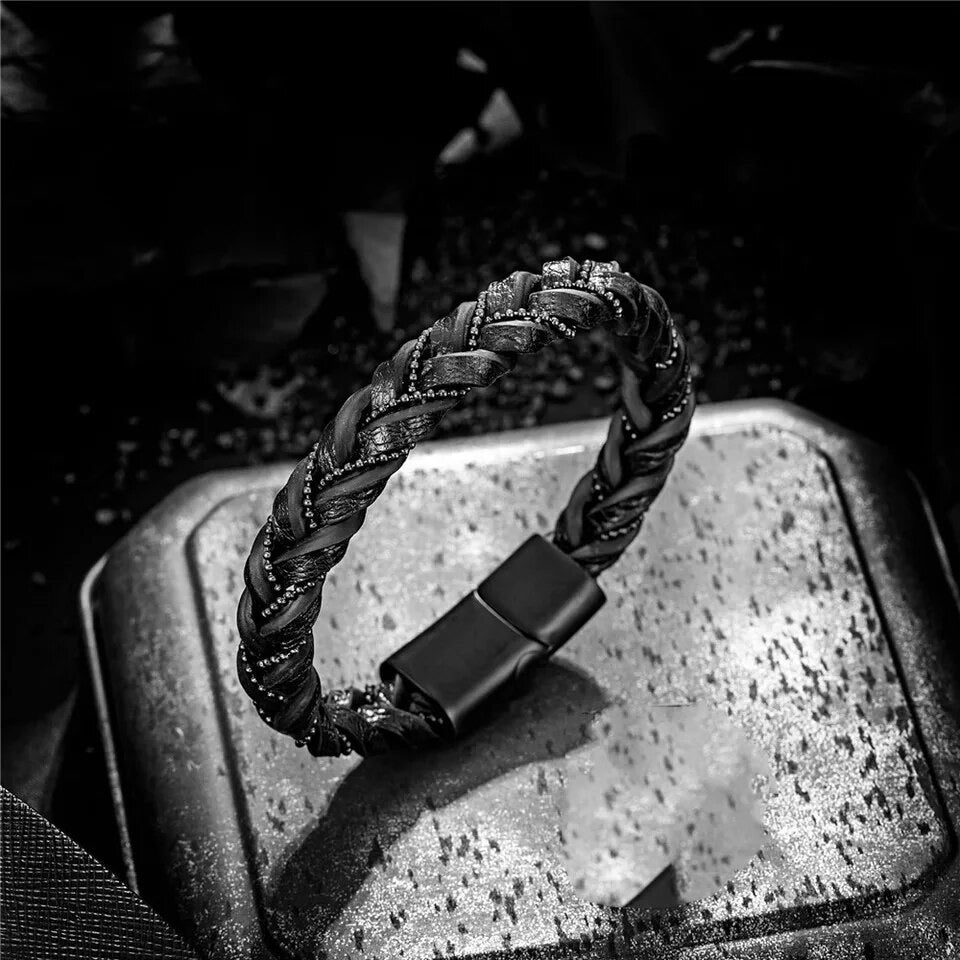 Box Chain Braided Leather and Steel Bracelet