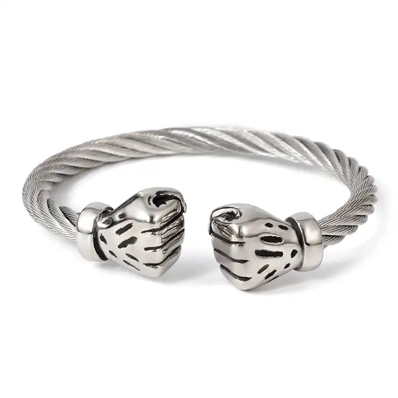 Power Fist Cable Wire Open Cuff Steel Bracelet