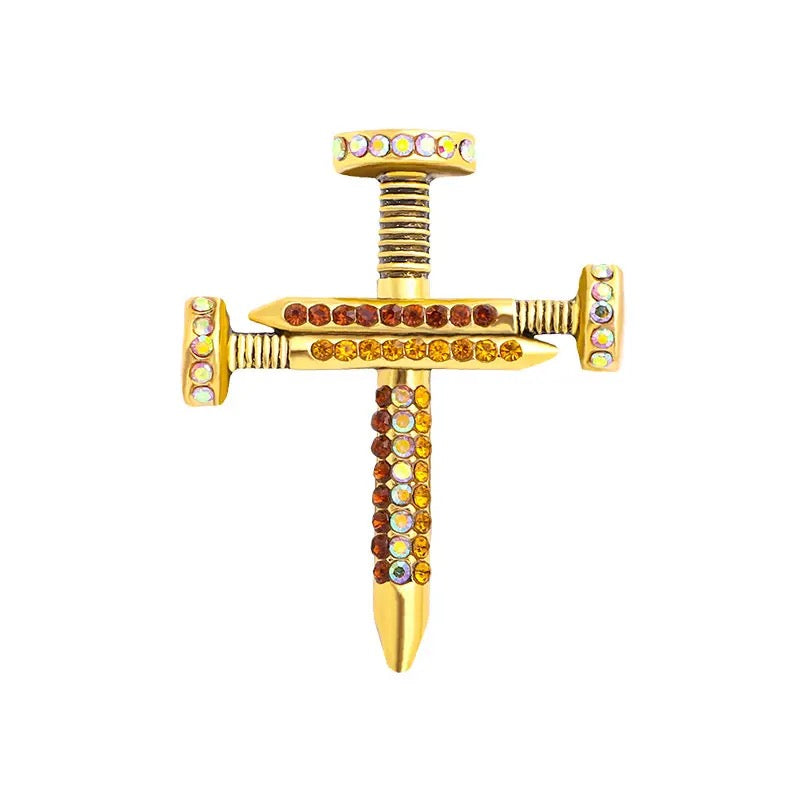 Cross Nail Rhinestone Brooch