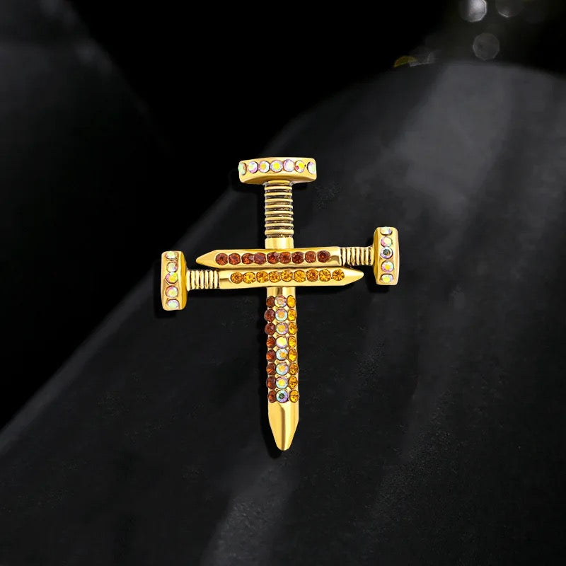 Cross Nail Rhinestone Brooch