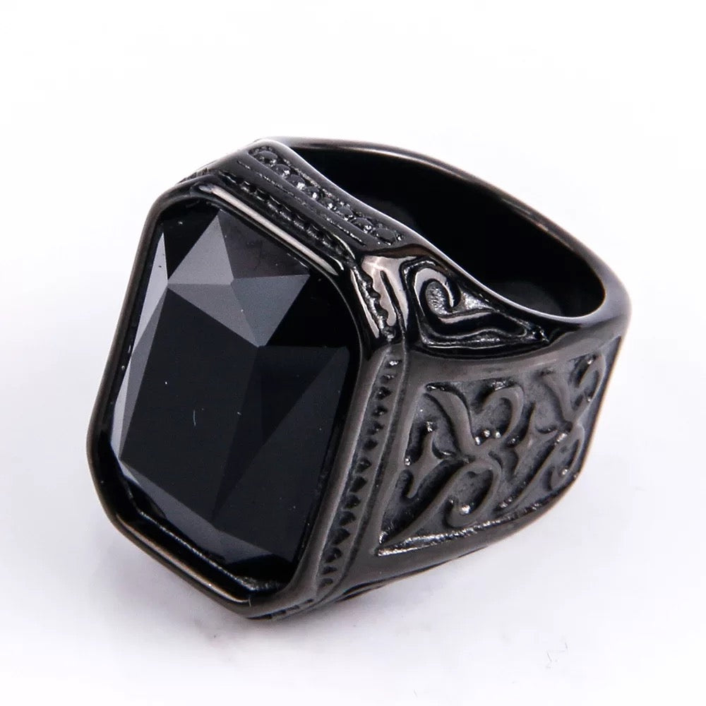 2shup Handcrafted Steel Emerald-cut Black Onyx Rings