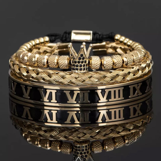 3pc Luxury Handmade Enamel Roman Numeral Bangle, Stainless Steel Cuff, Micro Pave CZ Crown Macramé Bracelets