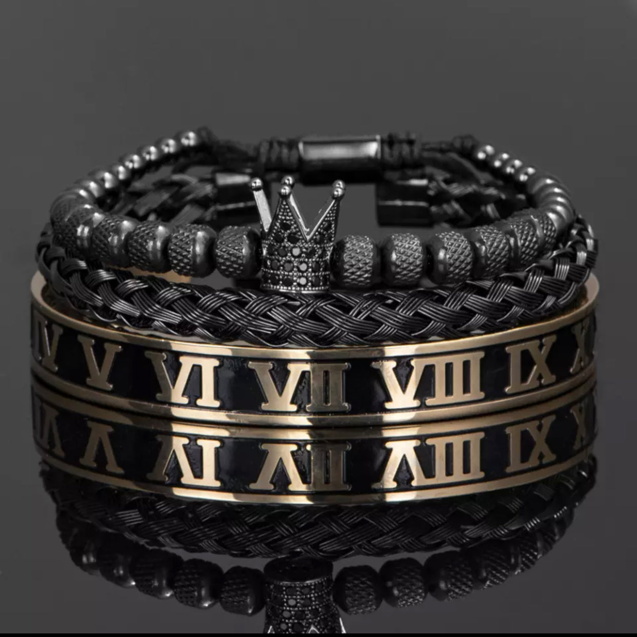 3pc Luxury Handmade Enamel Roman Numeral Bangle, Stainless Steel Cuff, Micro Pave CZ Crown Macramé Bracelets