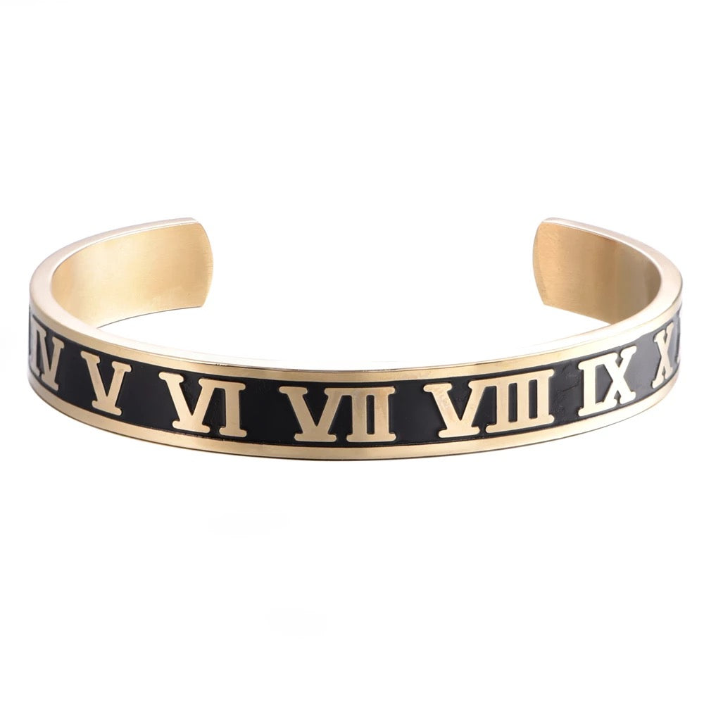 3pc Luxury Handmade Enamel Roman Numeral Bangle, Stainless Steel Cuff, Micro Pave CZ Crown Macramé Bracelets