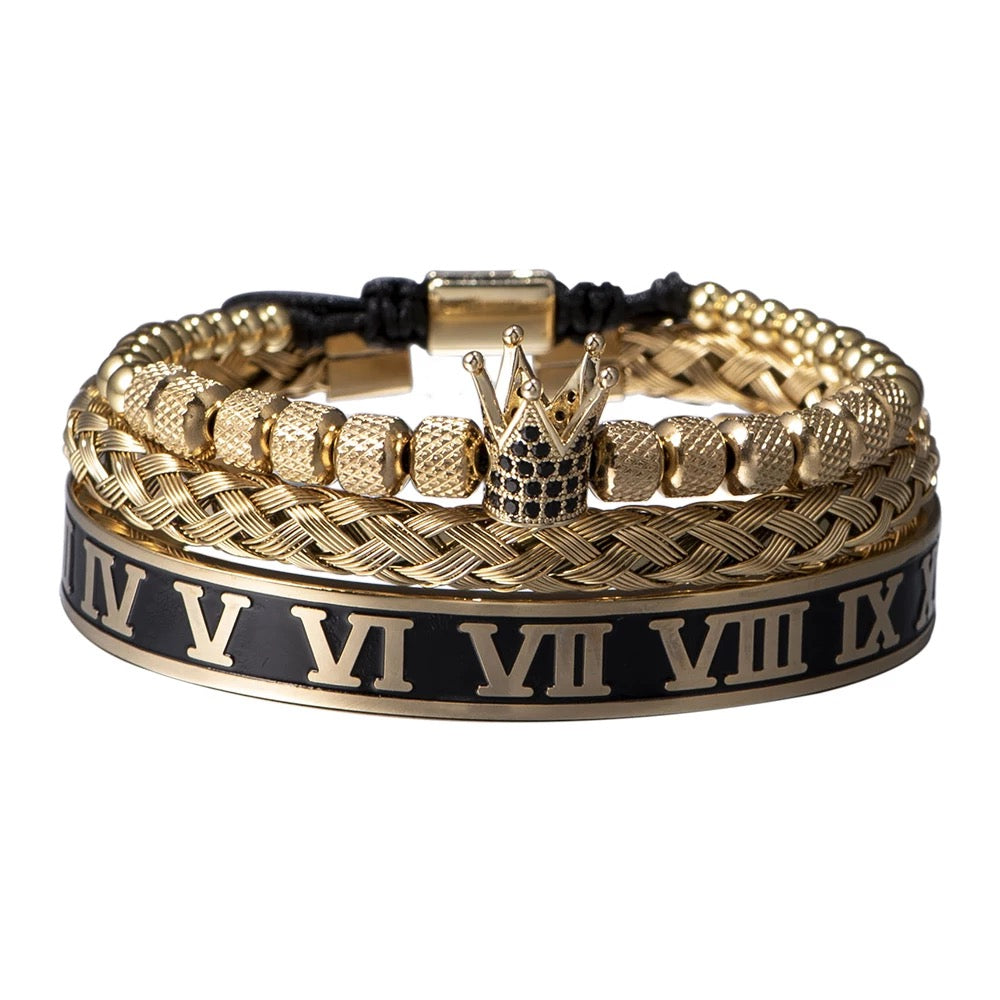 3pc Luxury Handmade Enamel Roman Numeral Bangle, Stainless Steel Cuff, Micro Pave CZ Crown Macramé Bracelets