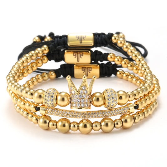 2shup 3pc Set Luxury CZ Crown Charm Beads Bracelets