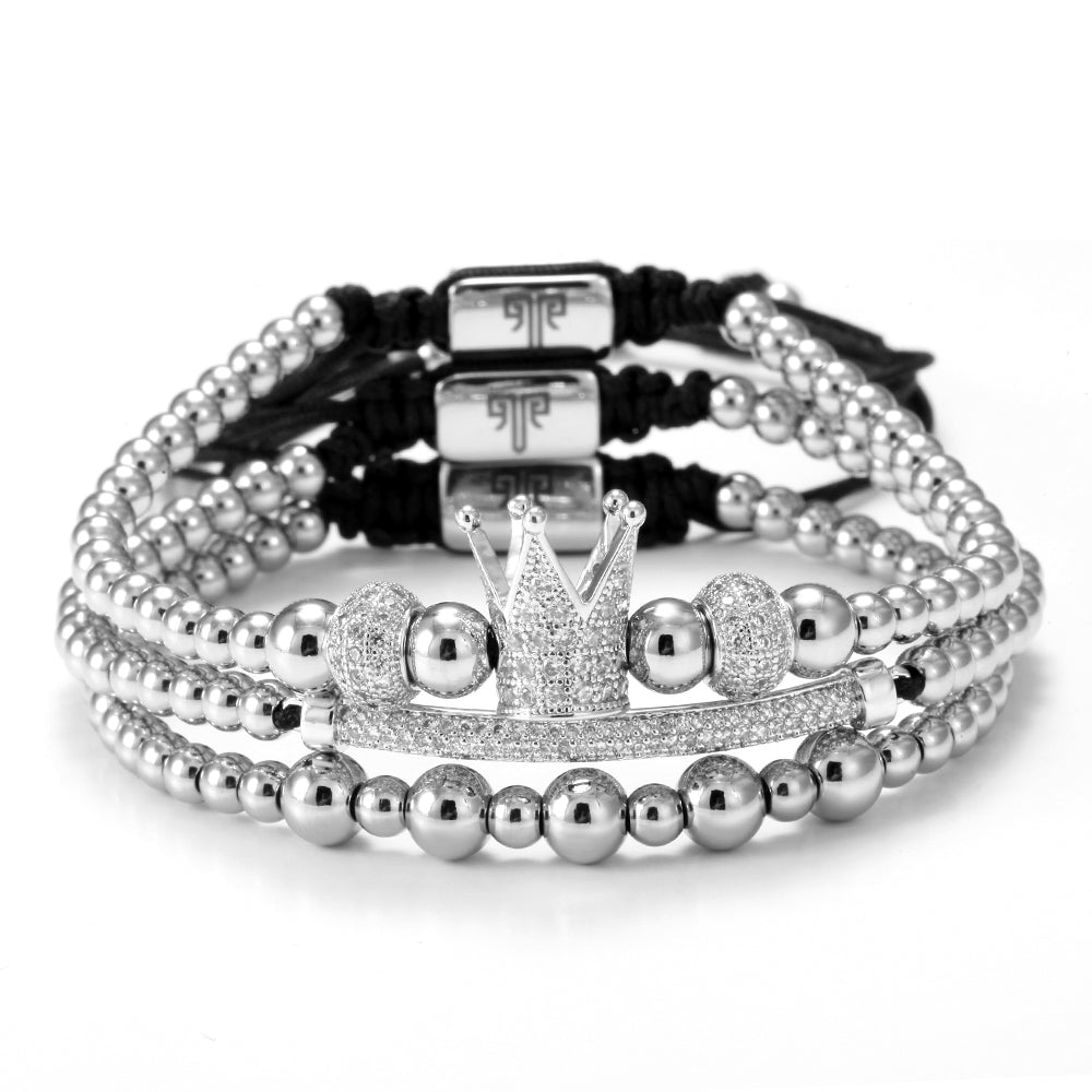 2shup 3pc Set Luxury CZ Crown Charm Beads Bracelets