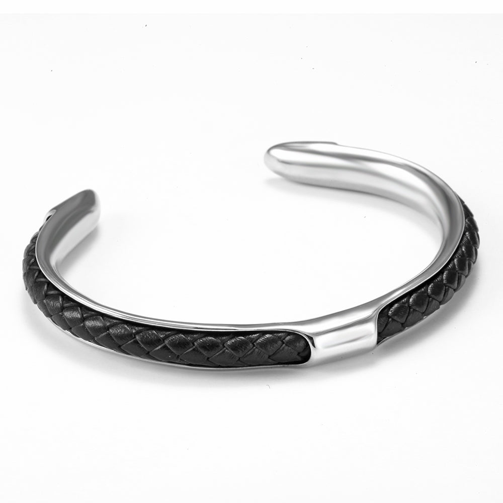 2shup Luxury Black Cowhide 316L Stainless Steel Open Cuff Bracelets