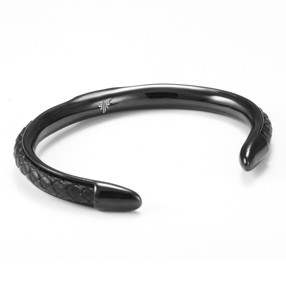 2shup Luxury Black Cowhide 316L Stainless Steel Open Cuff Bracelets