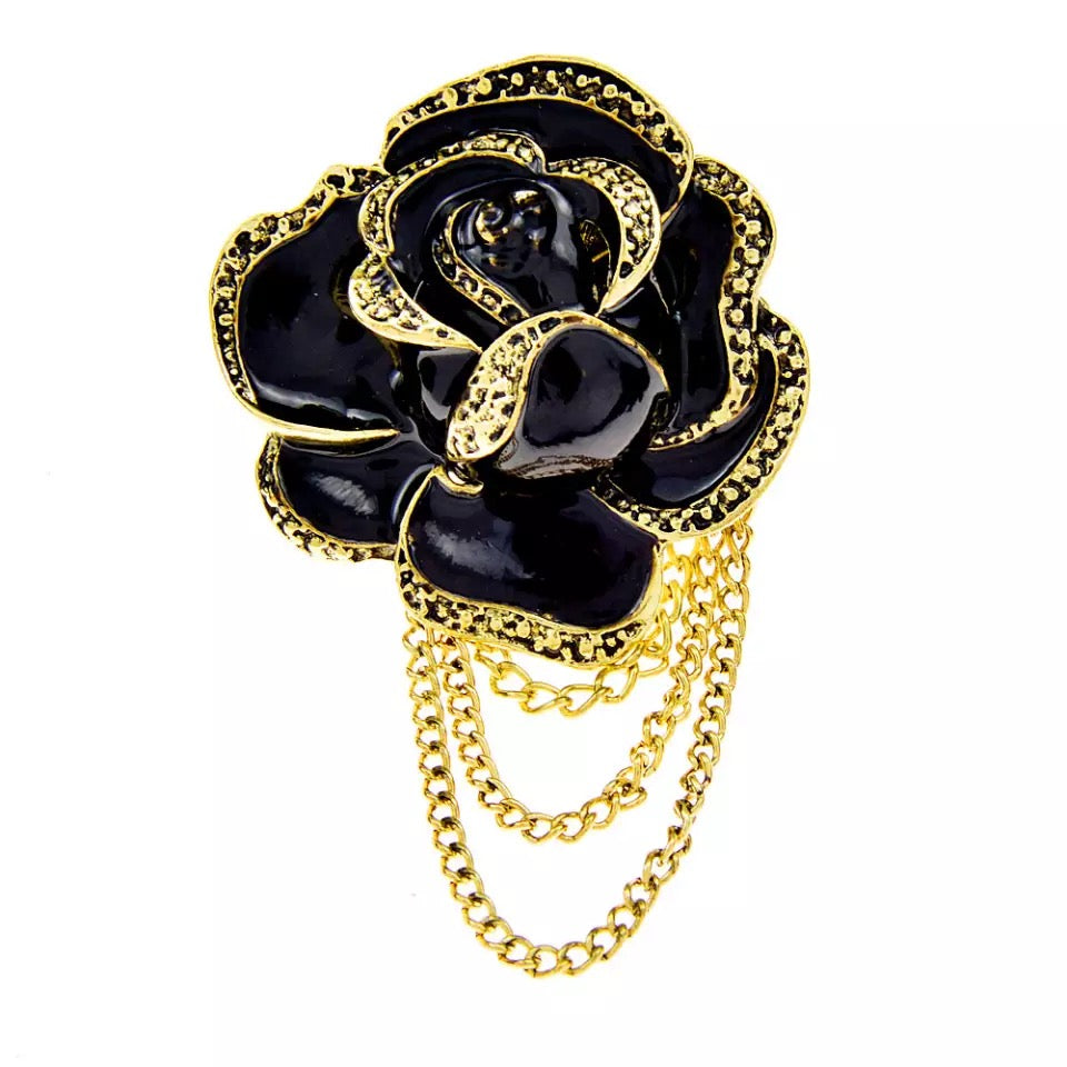 2shup Black & Gold Rose Flower Tassel Brooch