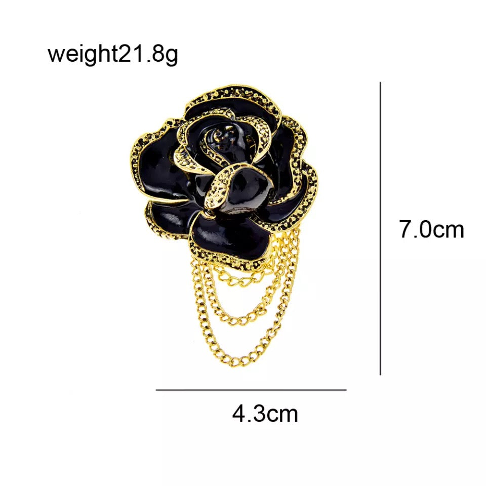 2shup Black & Gold Rose Flower Tassel Brooch