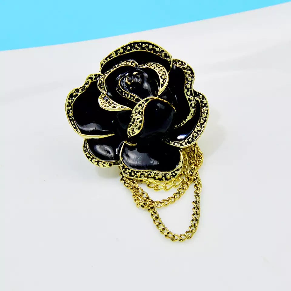 2shup Black & Gold Rose Flower Tassel Brooch