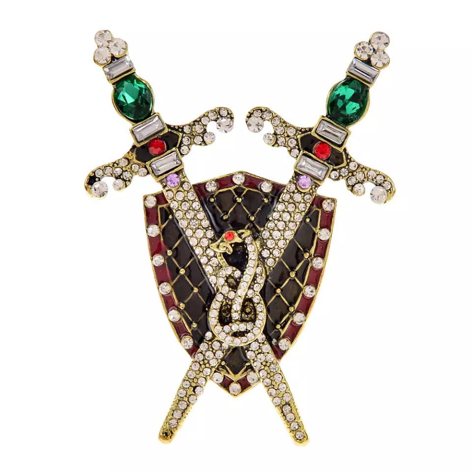 2shup Rhinestone Sword And Snake Shield Brooch