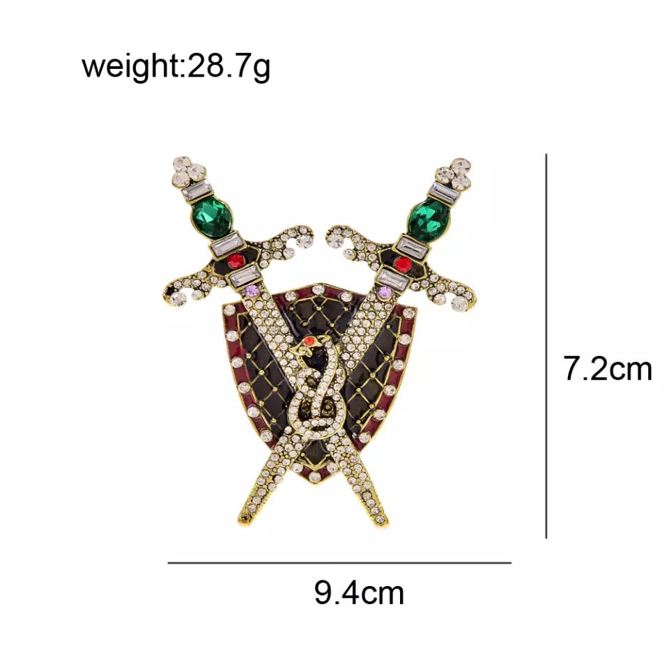 2shup Rhinestone Sword And Snake Shield Brooch