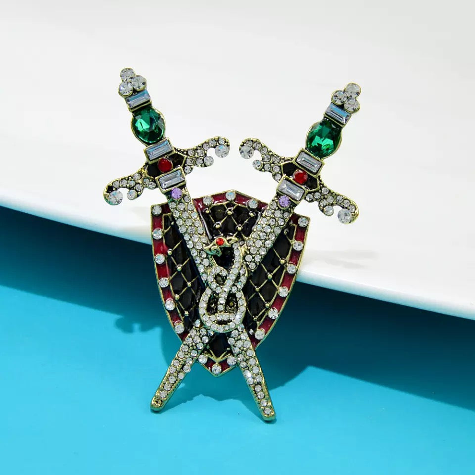 2shup Rhinestone Sword And Snake Shield Brooch