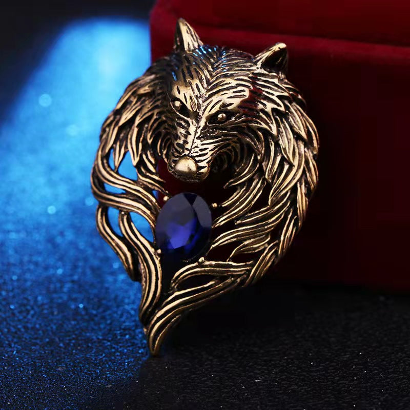 2shup Vintage Viking Blue Crystal Heart Wolf Brooches