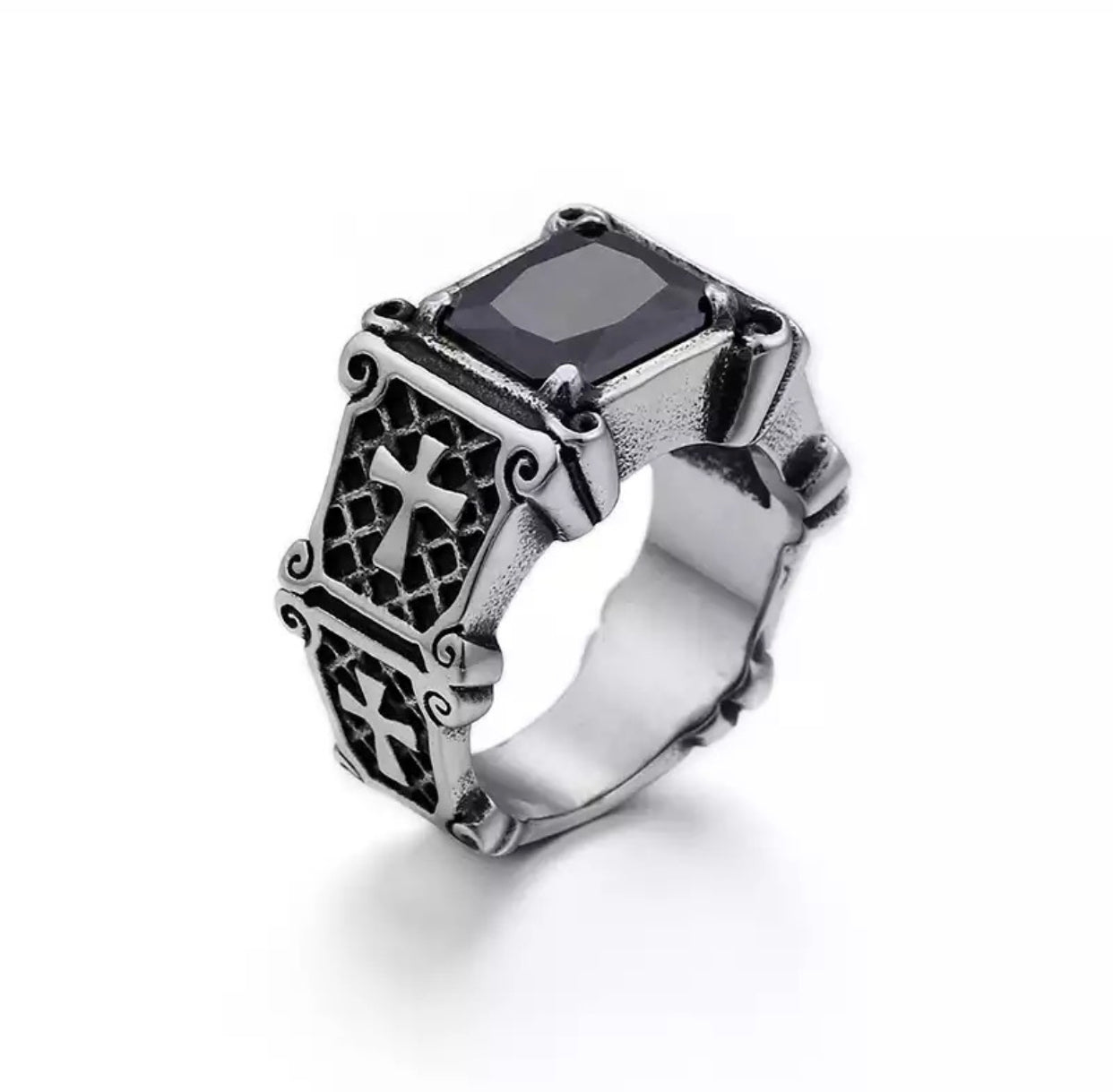 2shup Retro Punk Cross Black CZ Crystal Stone Ring