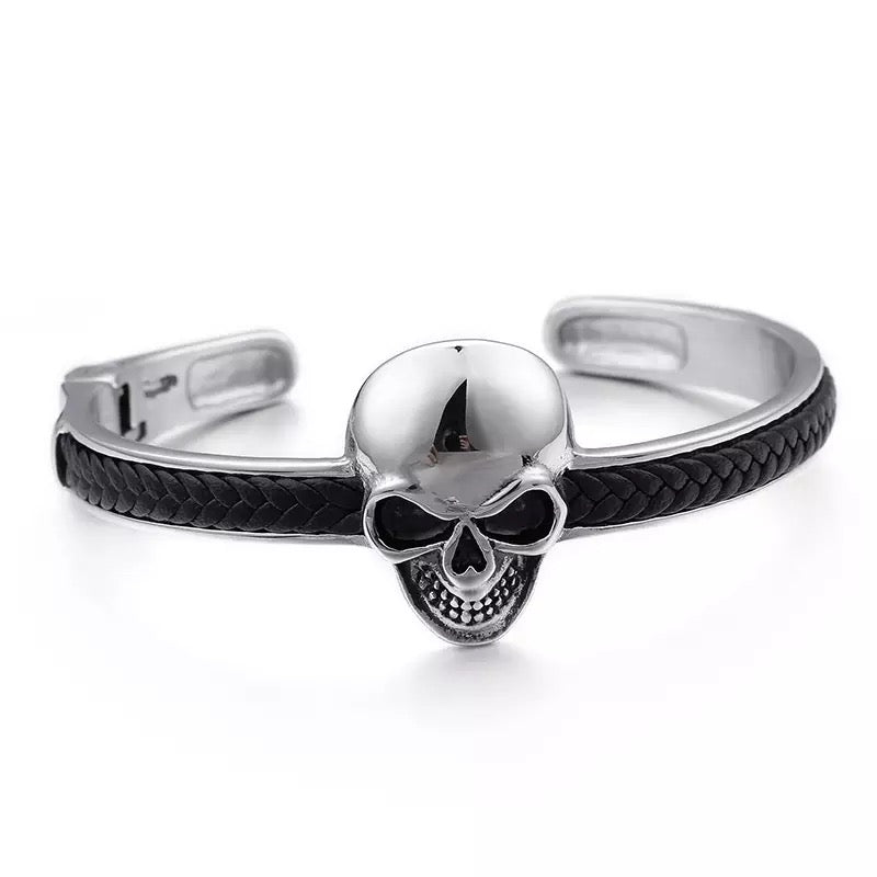 2shup Skull Head Steel and Braided Leather Cuff Bracelet