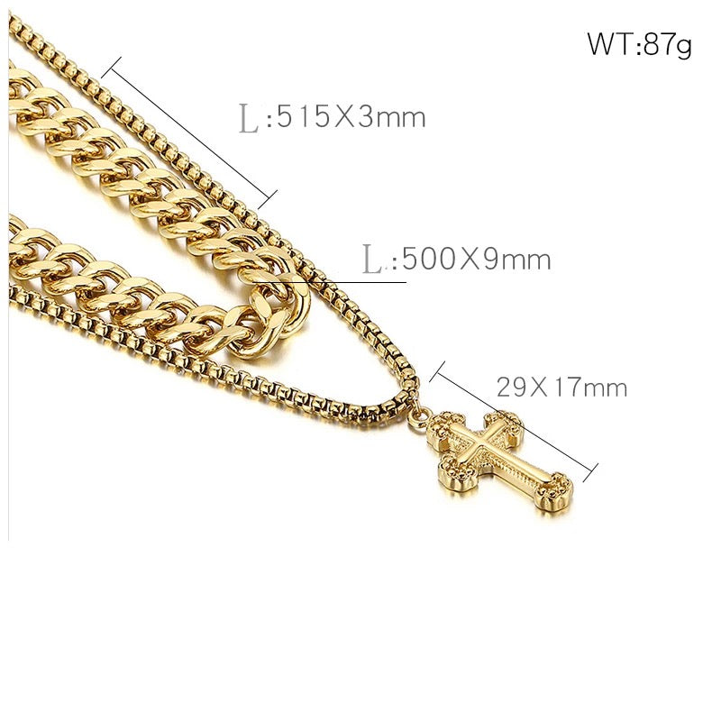 Retro Cross Pendant Double Layer Link Chain 316L Stainless Steel Necklace