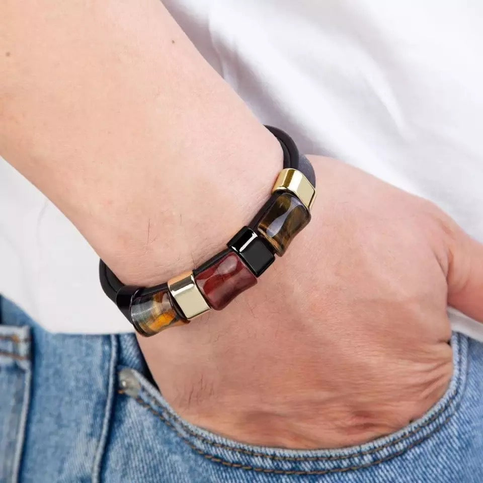 Square Natural Stones Leather and Steel Bracelet