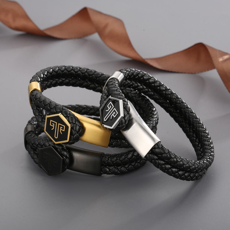 2shup Hexagon Steel Woven Leather Bracelet