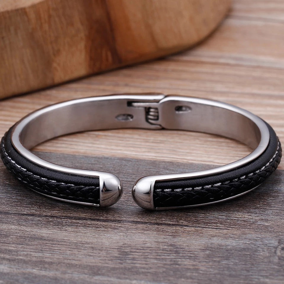 Open Cuff Braided Leather and Steel Bracelet