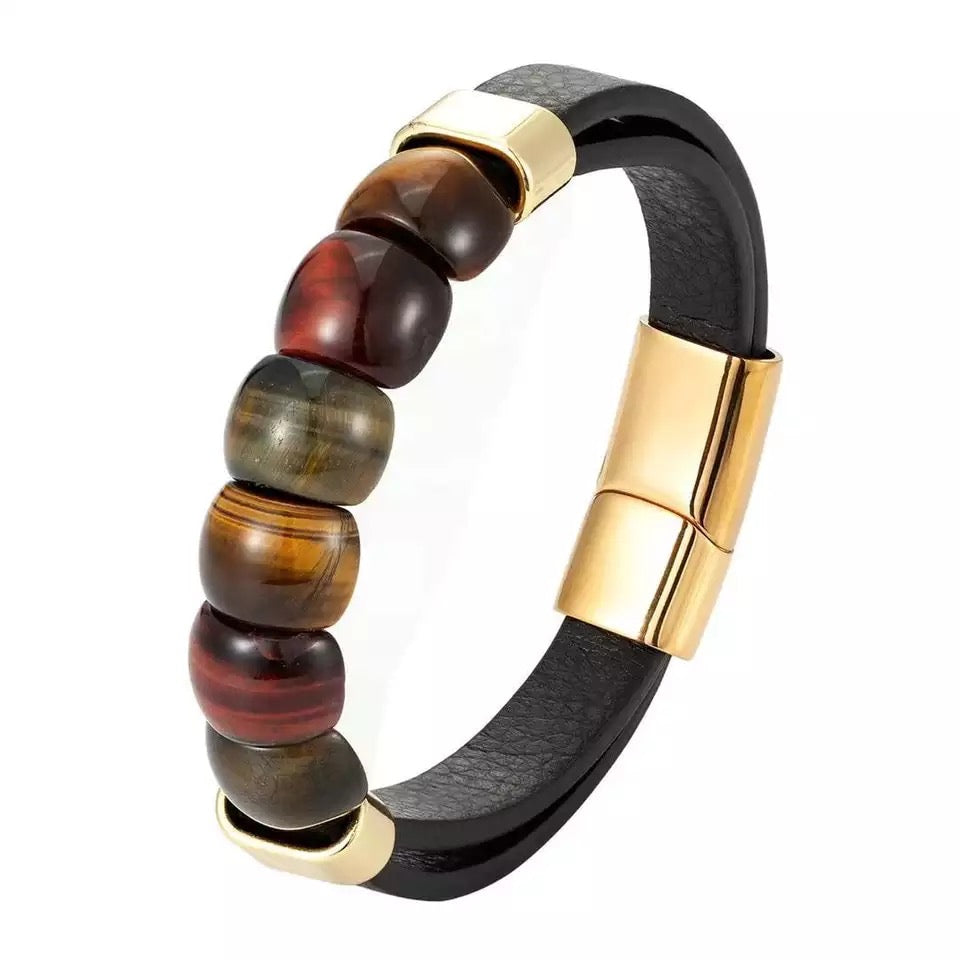 Natural Tiger-eye Stones Ring Face Leather Bracelet