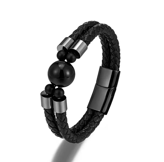 Black Ball 2-Strap Braided Leather and Steel Bracelet