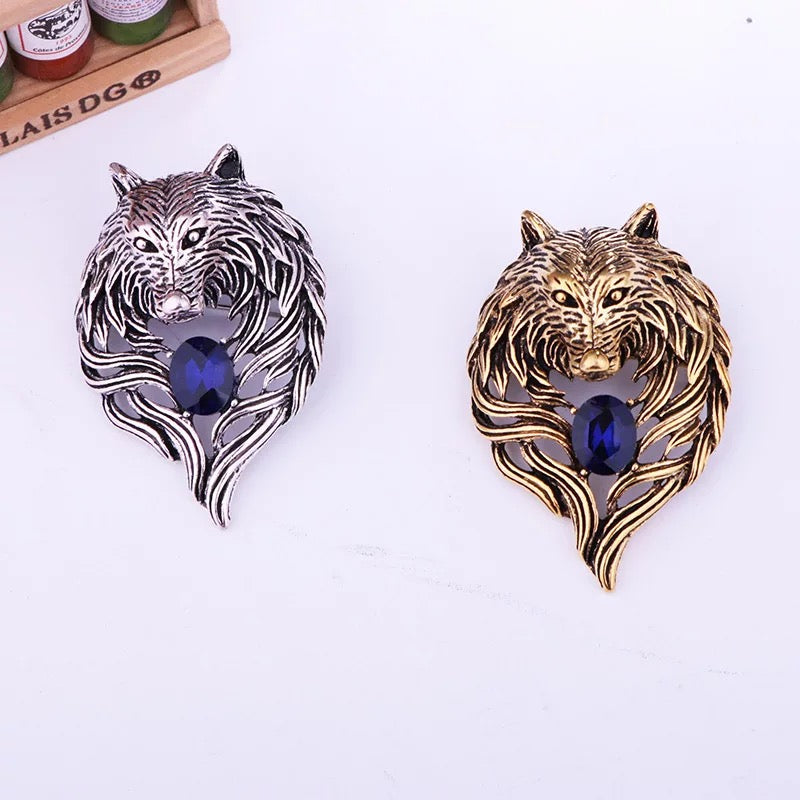 2shup Vintage Viking Blue Crystal Heart Wolf Brooches