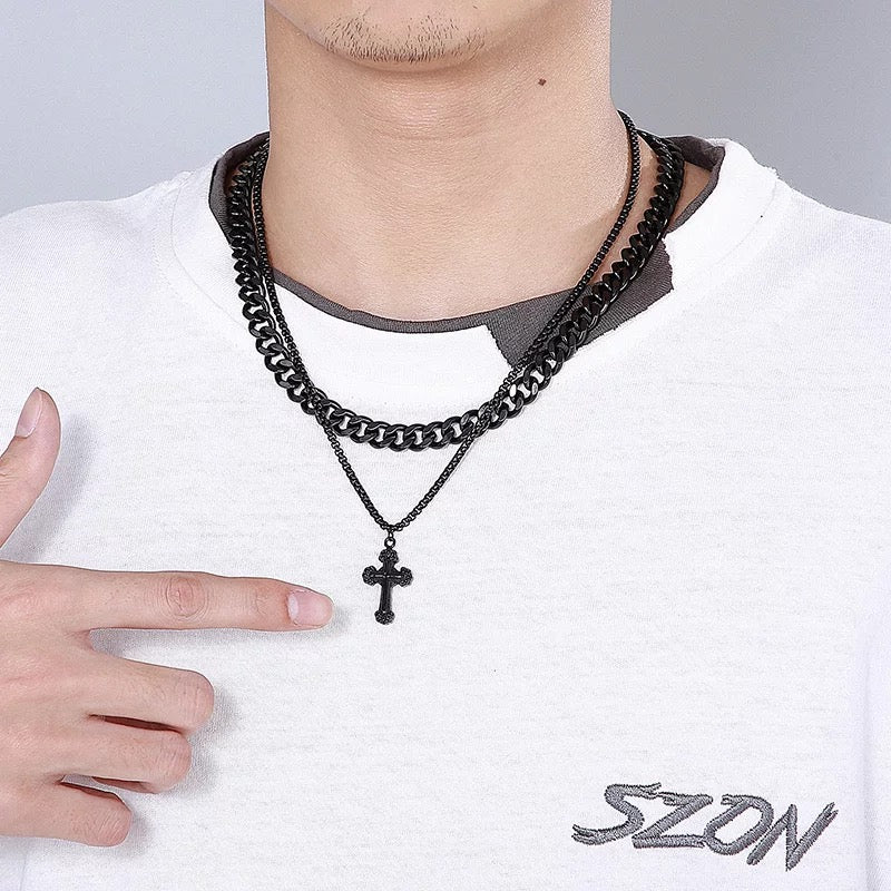 Retro Cross Pendant Double Layer Link Chain 316L Stainless Steel Necklace