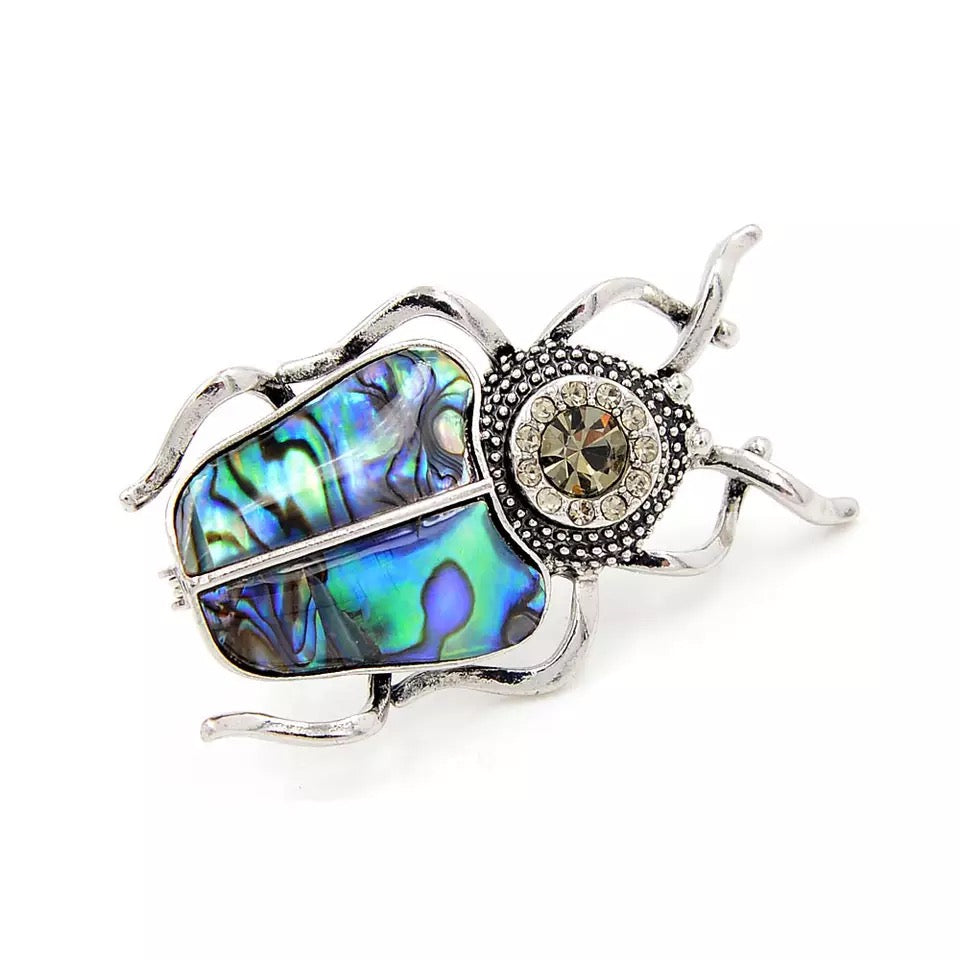 Abalone Shell Rhinestone Beetle Brooch