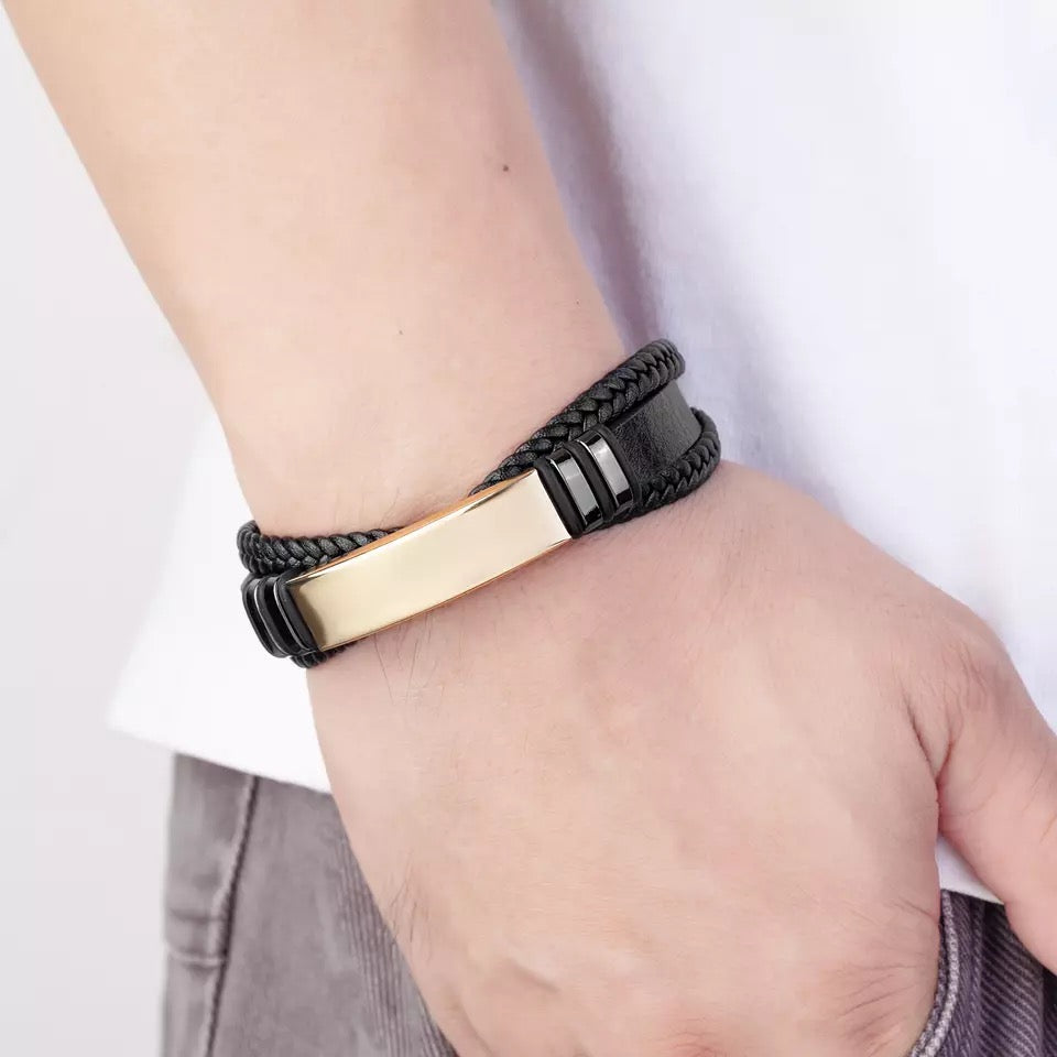 3 Layers Black Gold Leather Mens Bracelets Gold with Steel / 19cm